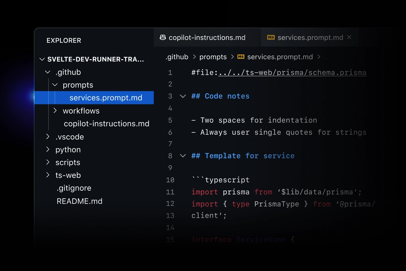 A screenshot of a code editor with two files open: "copilot-instructions.md" and "services.prompt.md". The left pane shows the file explorer with directories like .github, prompts, and workflows. The right pane displays code notes and a TypeScript template for a service.