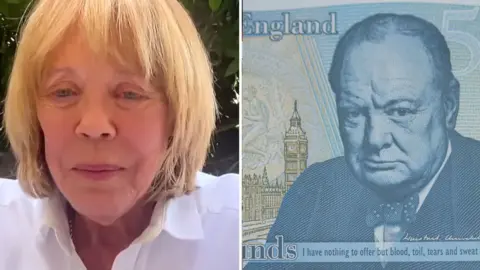 Emma Soames in a split screen with Sir Winston Churchill's face on a u00a35 note