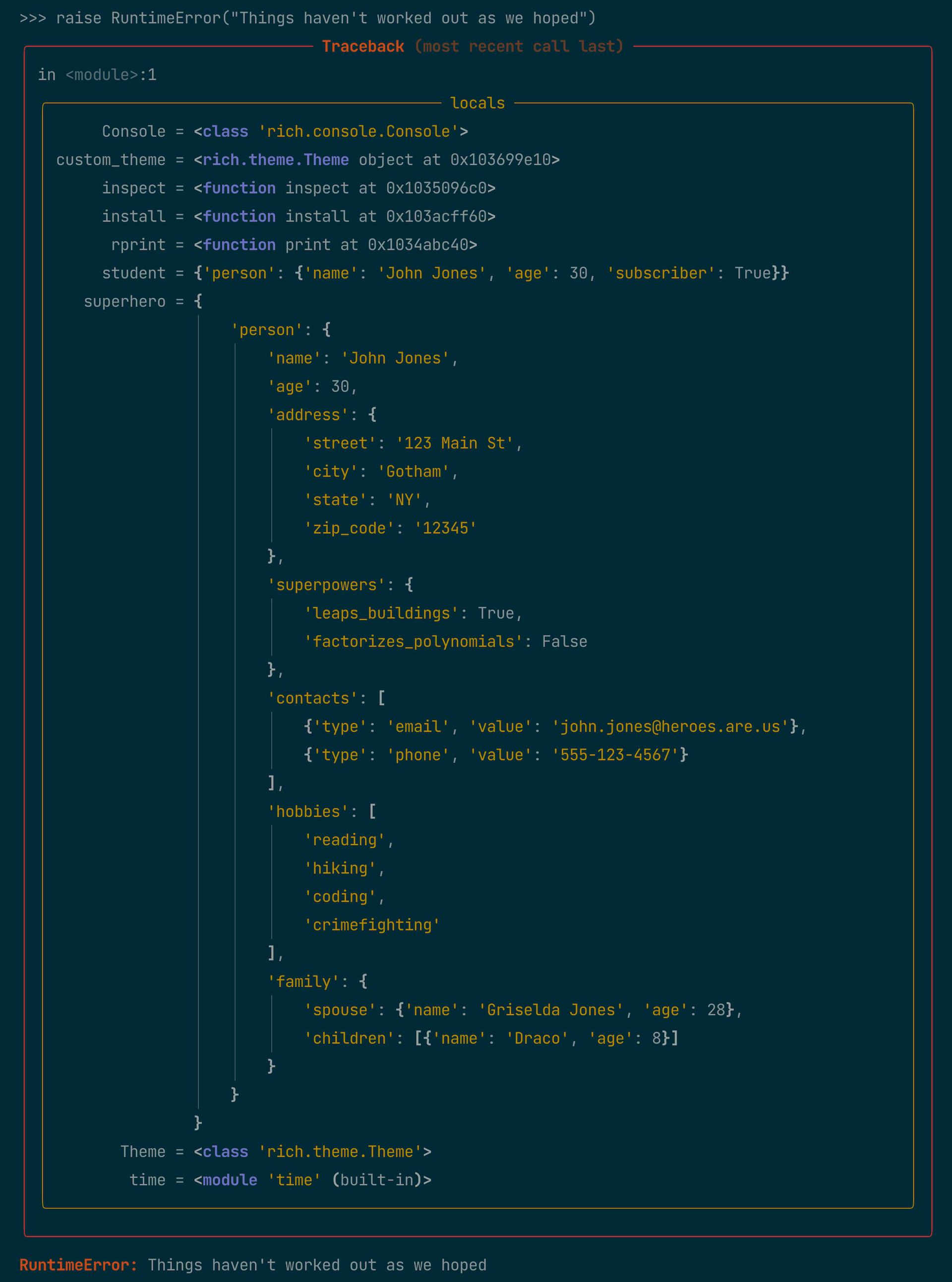 Rich Console Log With Stacktrace and Local Variables