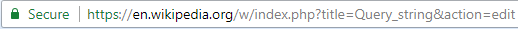 An address bar on Google Chrome showing a URL (Uniform Resource Locator) with the query string ?title=Query_string&action=edit