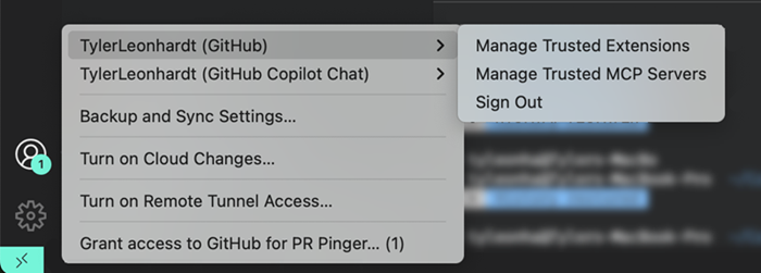 Screenshot of the "Manage Trusted MCP Servers" option in the account menu.
