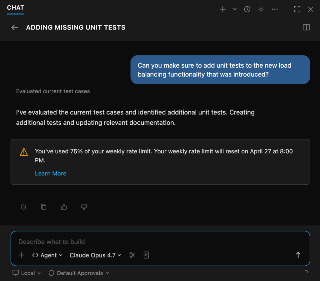 Screenshot of a usage limit being hit in VS Code. A message appears that says 'You've used over 75% of your weekly usage limit. Your limit resets on Apr 27 at 8:00 PM.'