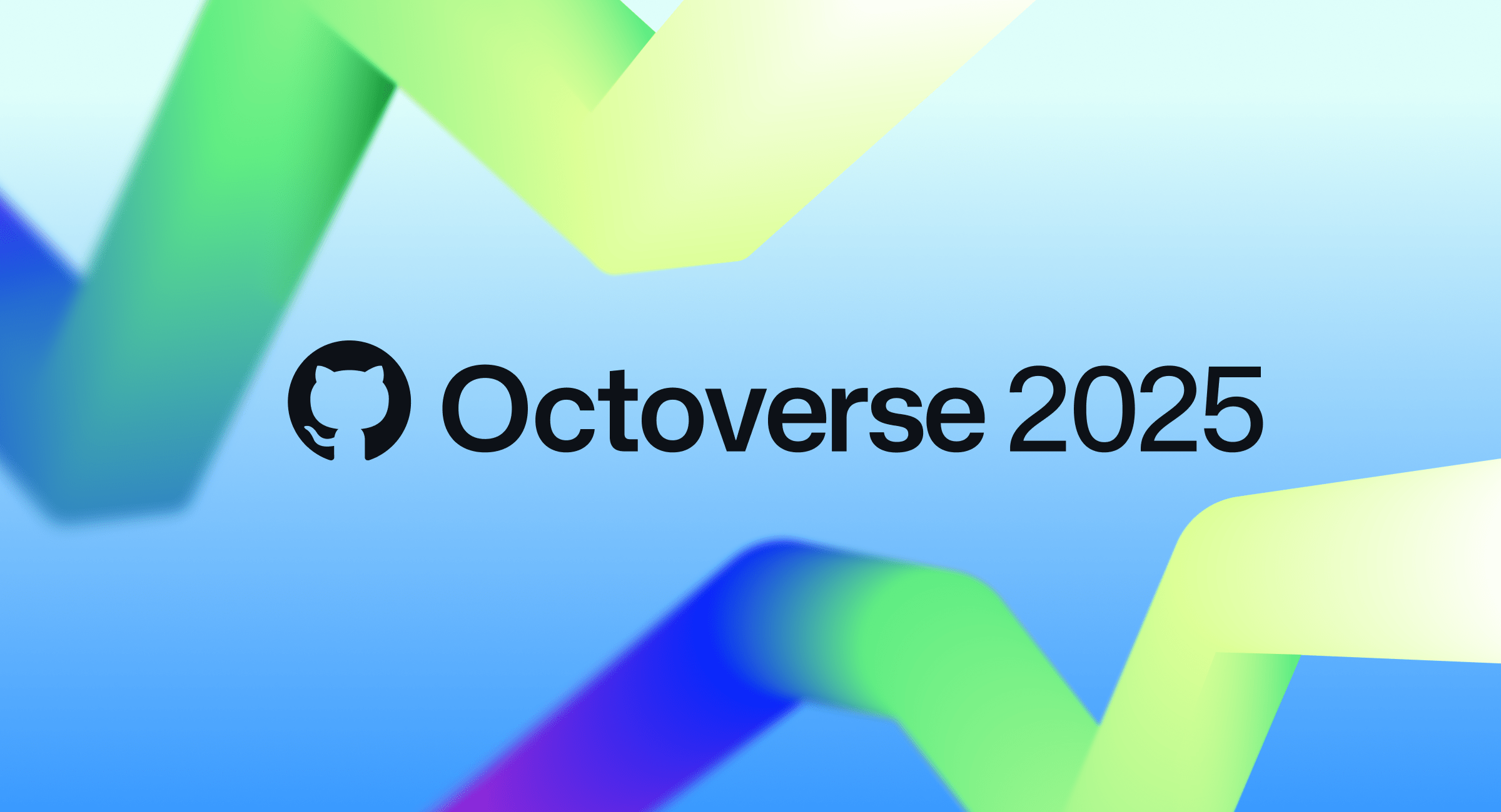 A vibrant abstract background with overlapping green, blue, and purple gradient ribbons behind the text �?Octoverse 2025’ and the GitHub logo.