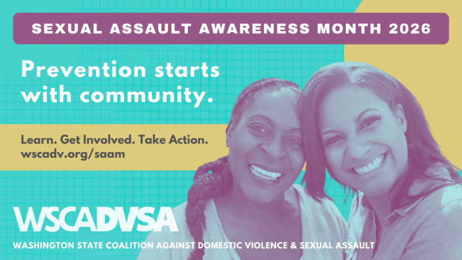 Sexual Assault Awareness Month 2026, Prevention starts with community. Two women smiling together.