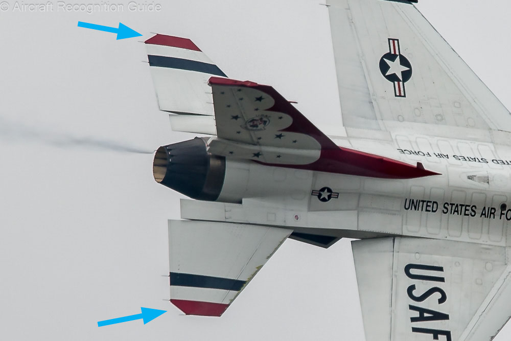 From Block 15 on F-16s have larger horizontal stabilisers, with cut-off corners between the tips and trailing edge. Image