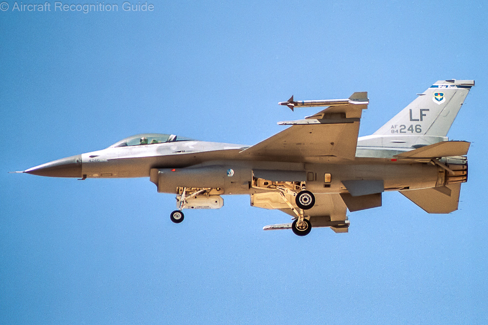 The first F-16C version was a Block 25 F-16. It still has the Pratt & Whitney engine with narrow petal plates in the nozzle. This particular example has been upgraded with the RWR of the Block 30 in the wings. Image