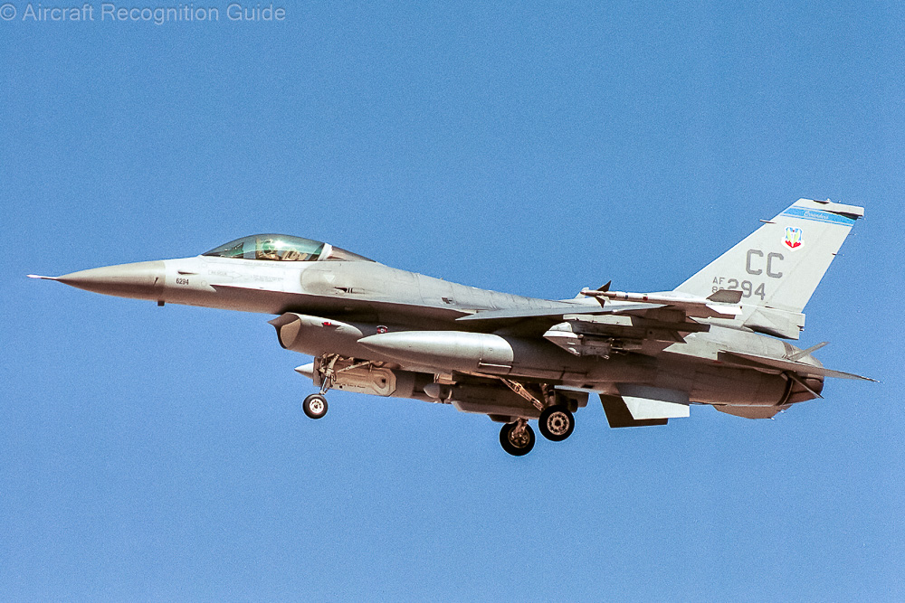 The F-16C Block 30 was the first version with a General Electric engine. It has a different exhaust, a wider air intake and other features. Image