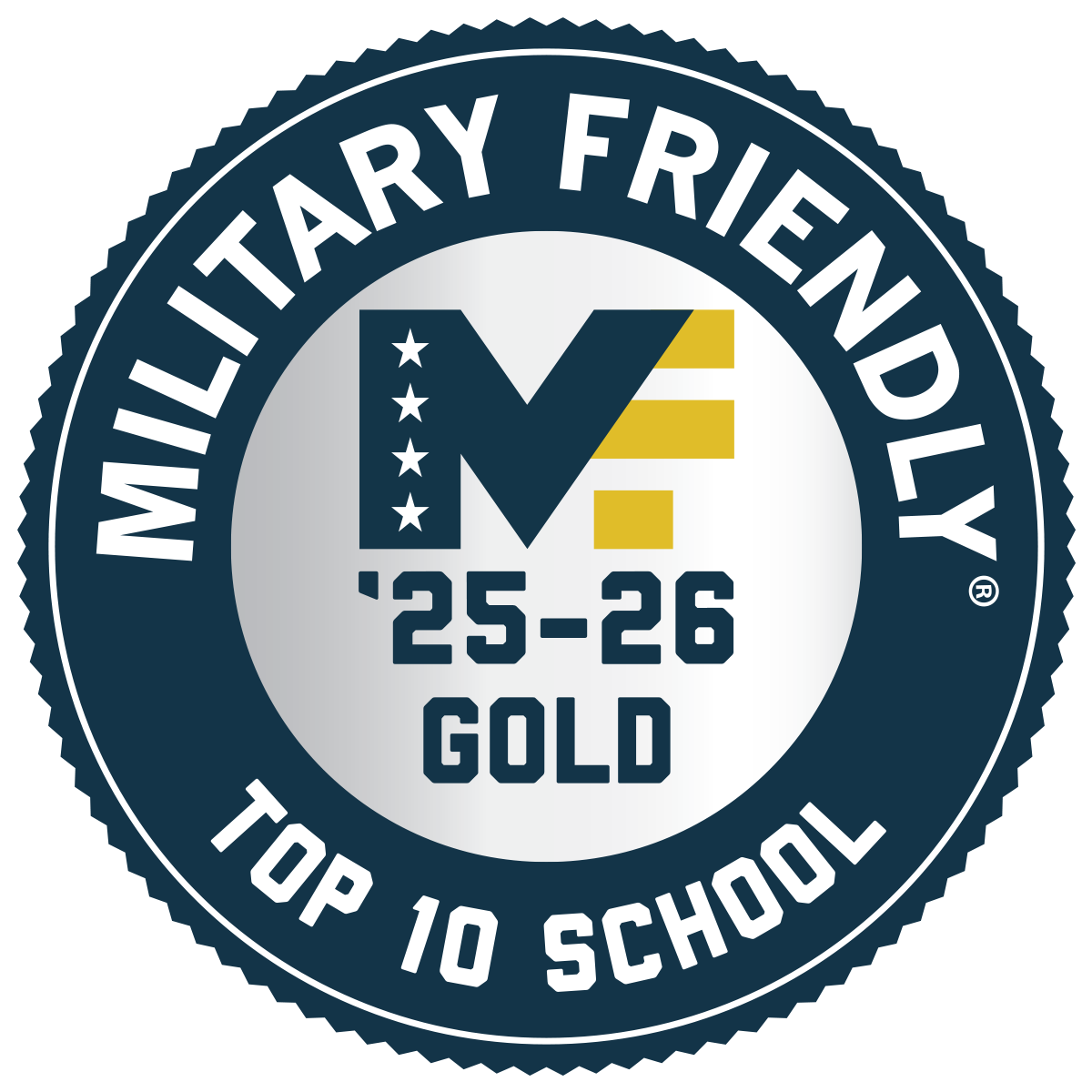 Gold badge for Military Friendly Top 10 School, 2025-26