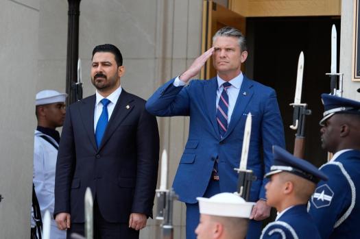US_Iraq_95359-1 Secretary of Defense Pete Hegseth, right, welcomes Iraqi Prime Minister Ali al-Zaidi, to the Pentagon, during a ceremony, Tuesday, July 14, 2026, in Washington. (AP Photo/Manuel Balce Ceneta)