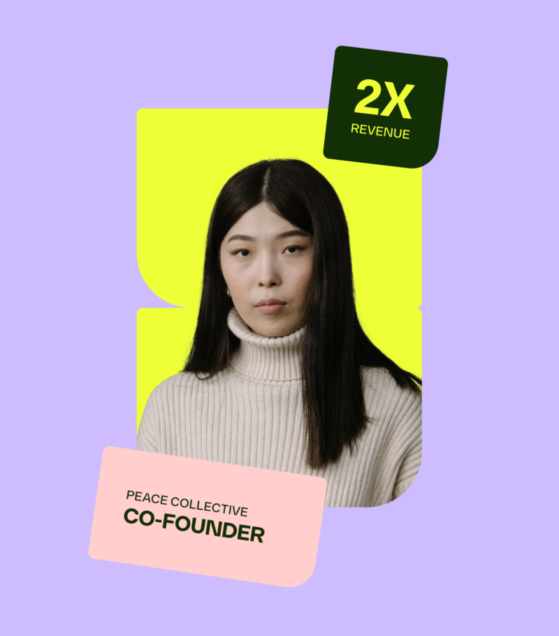 Head-and-shoulders portrait of a woman with long dark hair and a neutral expression wearing a cream turtleneck, placed over a bright yellow rounded rectangle on a light purple background, with a dark green badge reading "2X REVENUE" at the top right and a pink label at the bottom left reading "PEACE COLLECTIVE CO-FOUNDER".