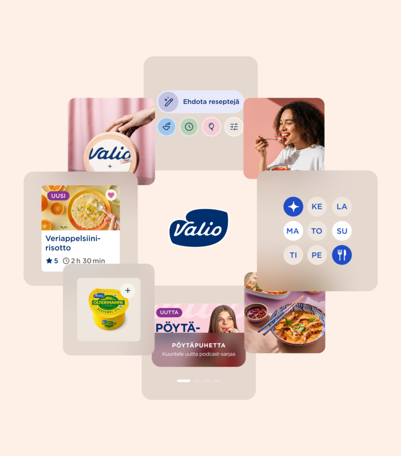 Collage of a Valio app interface: Valio logo centered, surrounded by recipe and product cards (including a "Veriappelsiini‑risotto" blood orange risotto card and Valio packaging), a woman tasting food, and UI elements for suggesting recipes and weekday filters, with Finnish text.