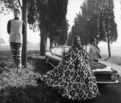 Veruschka in Leopard Print Pajama Gown Veruschka with car