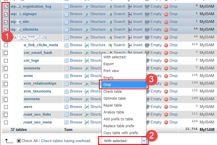 drop tables : WordPress multi-site to single site