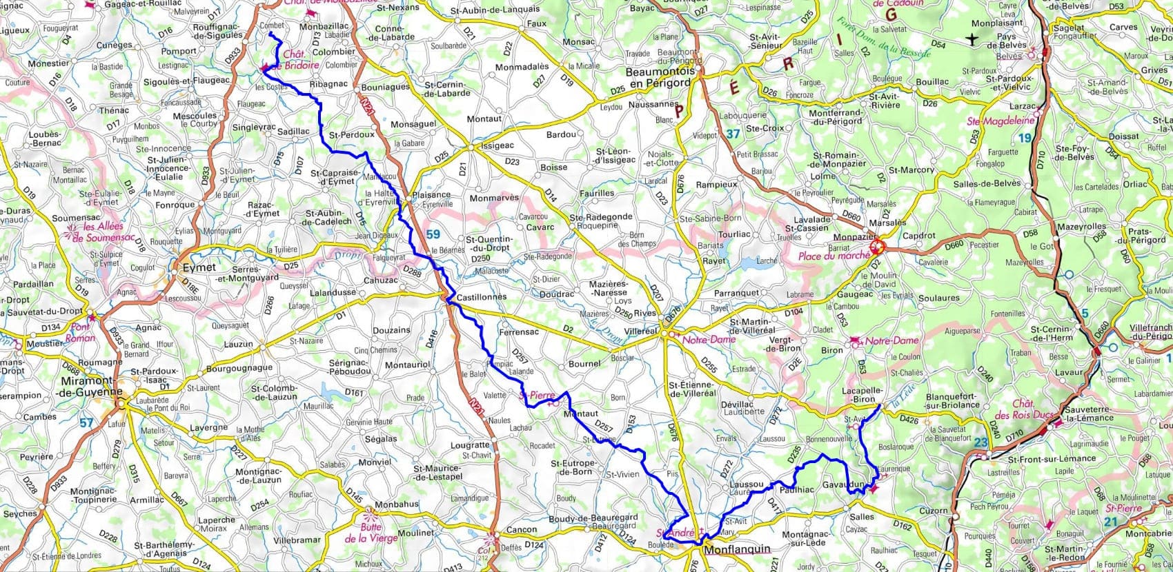 Carte IGN GR636 Randonnée de Bernasse (Dordogne) à Lacapelle-Biron (Lot-et-Garonne)