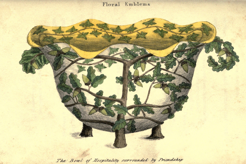 Drawing of a bowl made of vines and flowers. The bowl of Hospitality surrounded by Friendship