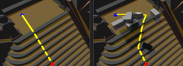 A navigable path updates when obstacles are dynamically added to the scene.
