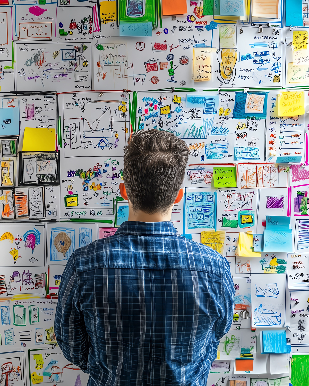 Person in a blue plaid shirt stands with back to camera, looking at a wall covered in colorful sketches, notes, and drawings.
