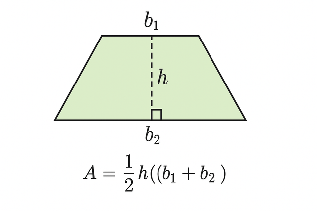 Area of a trapezoid diagram showing top base b₁, bottom base b₂, perpendicular height h, and formula A = ½h(b₁ + b₂).