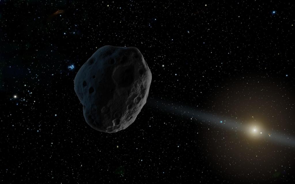 A dark, cratered asteroid floats in deep space against a background of countless stars, while a bright, distant sun in the lower right casts a beam of light across its rugged surface.