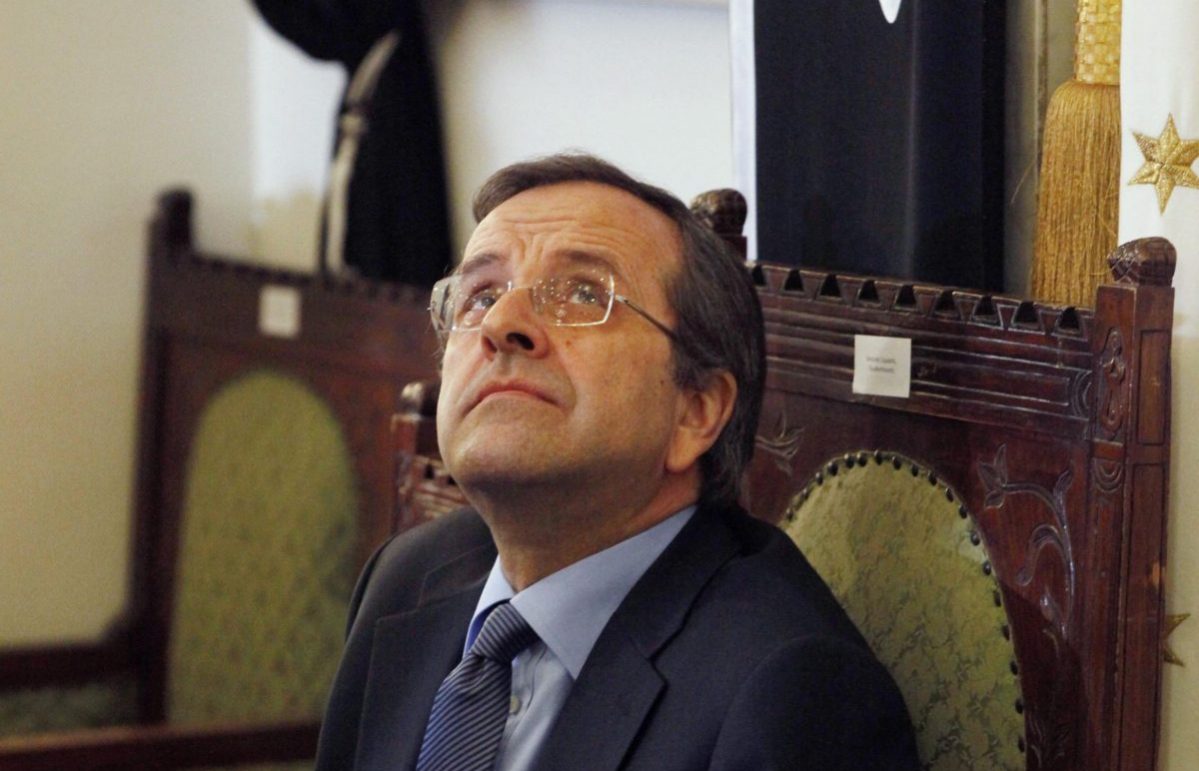 Greece’s Prime Minister Antonis Samaras attends a ceremony marking the 70th anniversary of the first deportation of Jews from Thessaloniki to Auschwitz inside the Monastirioton synagogue