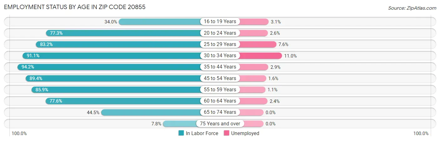Employment Status by Age in Zip Code 20855