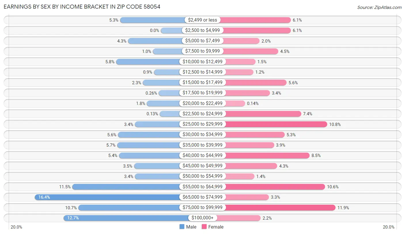 Earnings by Sex by Income Bracket in Zip Code 58054