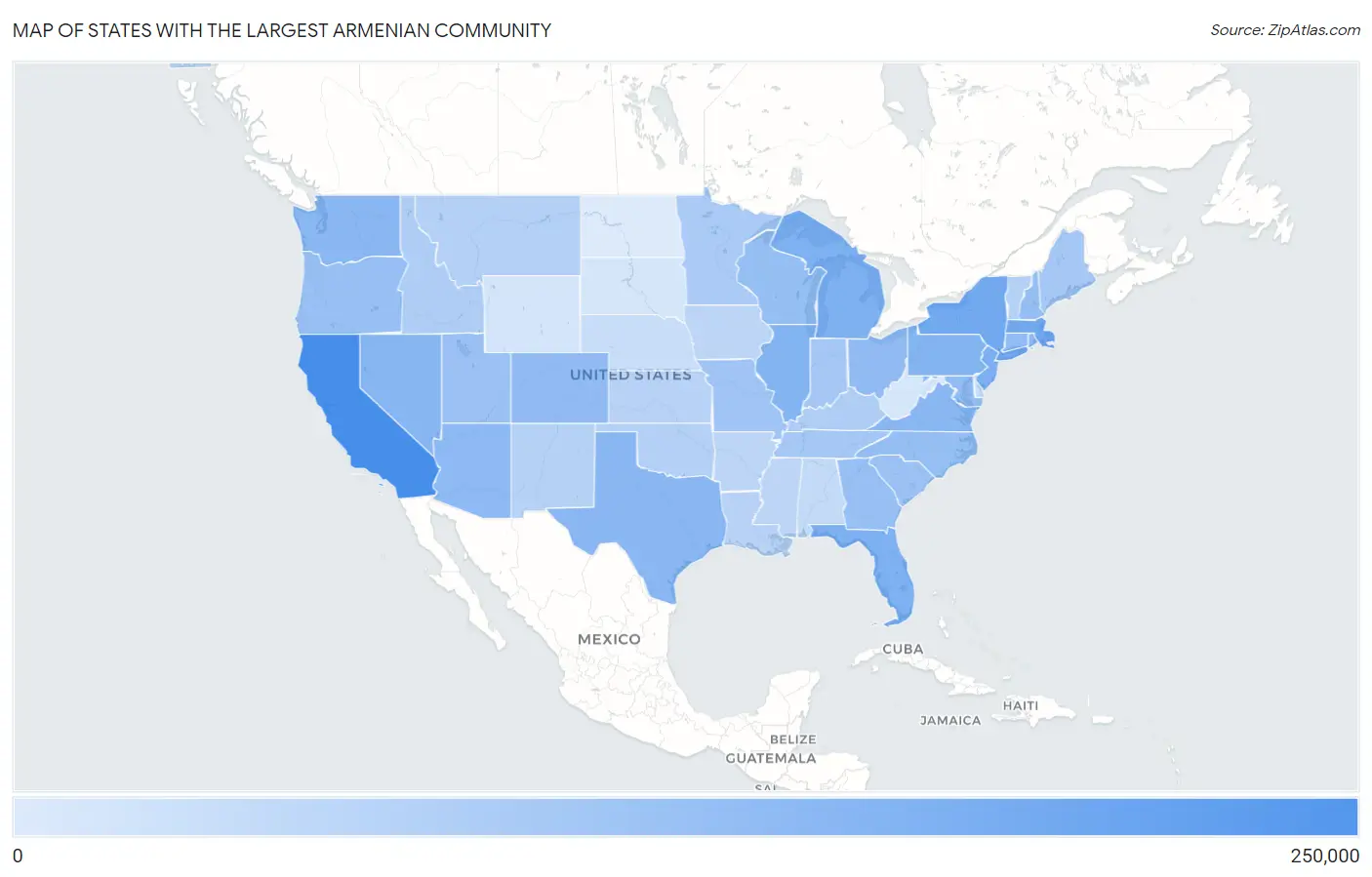 States with the Largest Armenian Community in the United States Map