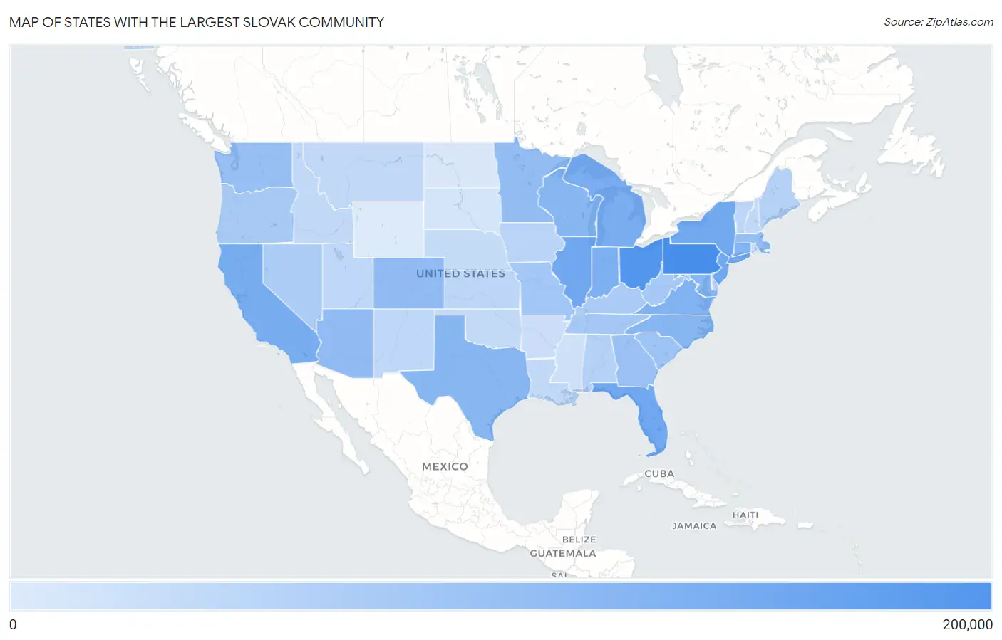 States with the Largest Slovak Community in the United States Map