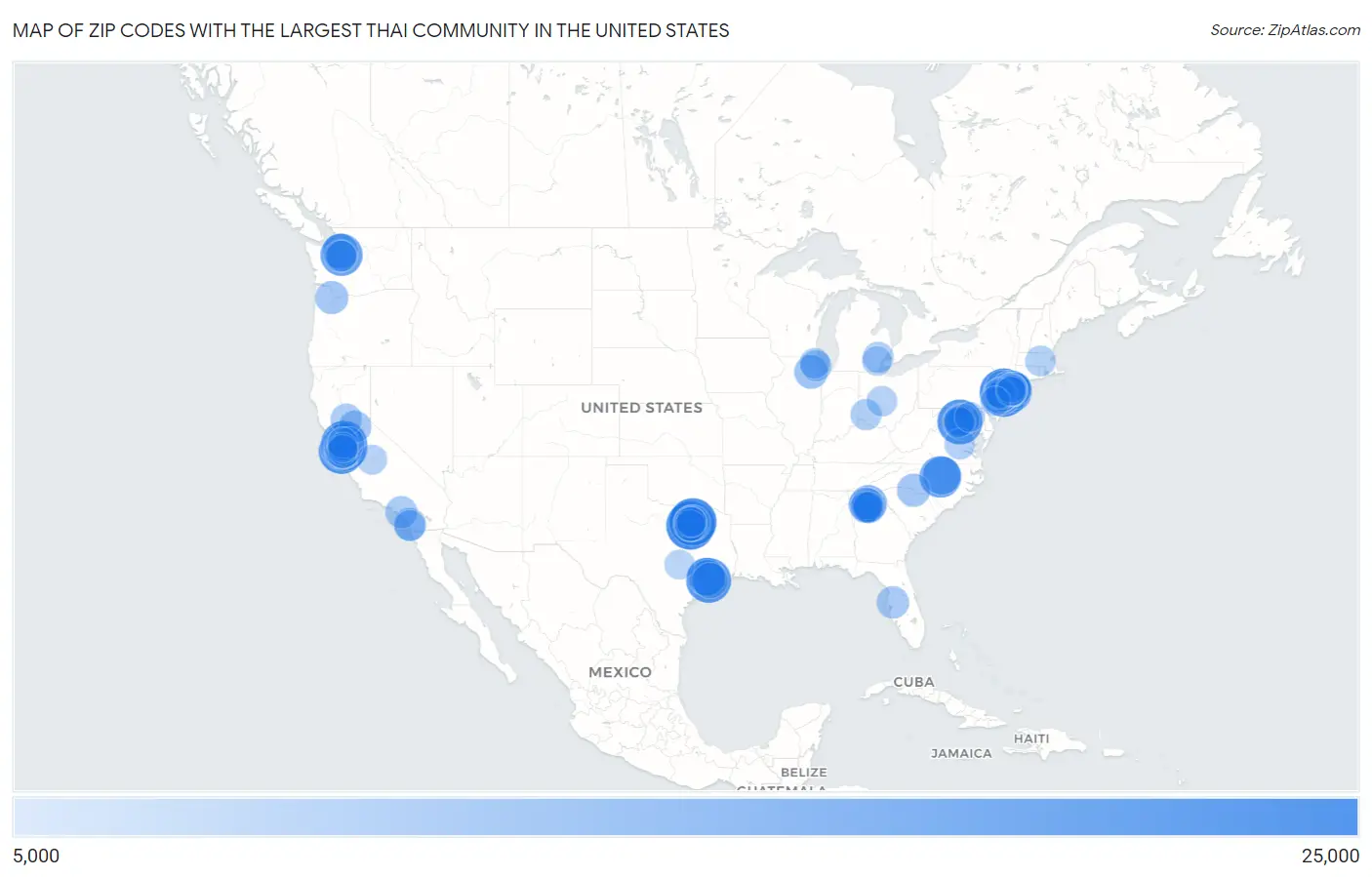 Zip Codes with the Largest Thai Community in the United States Map