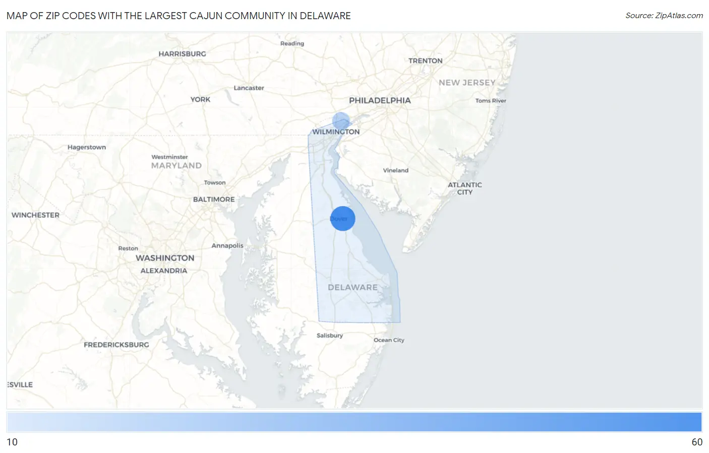 Zip Codes with the Largest Cajun Community in Delaware Map