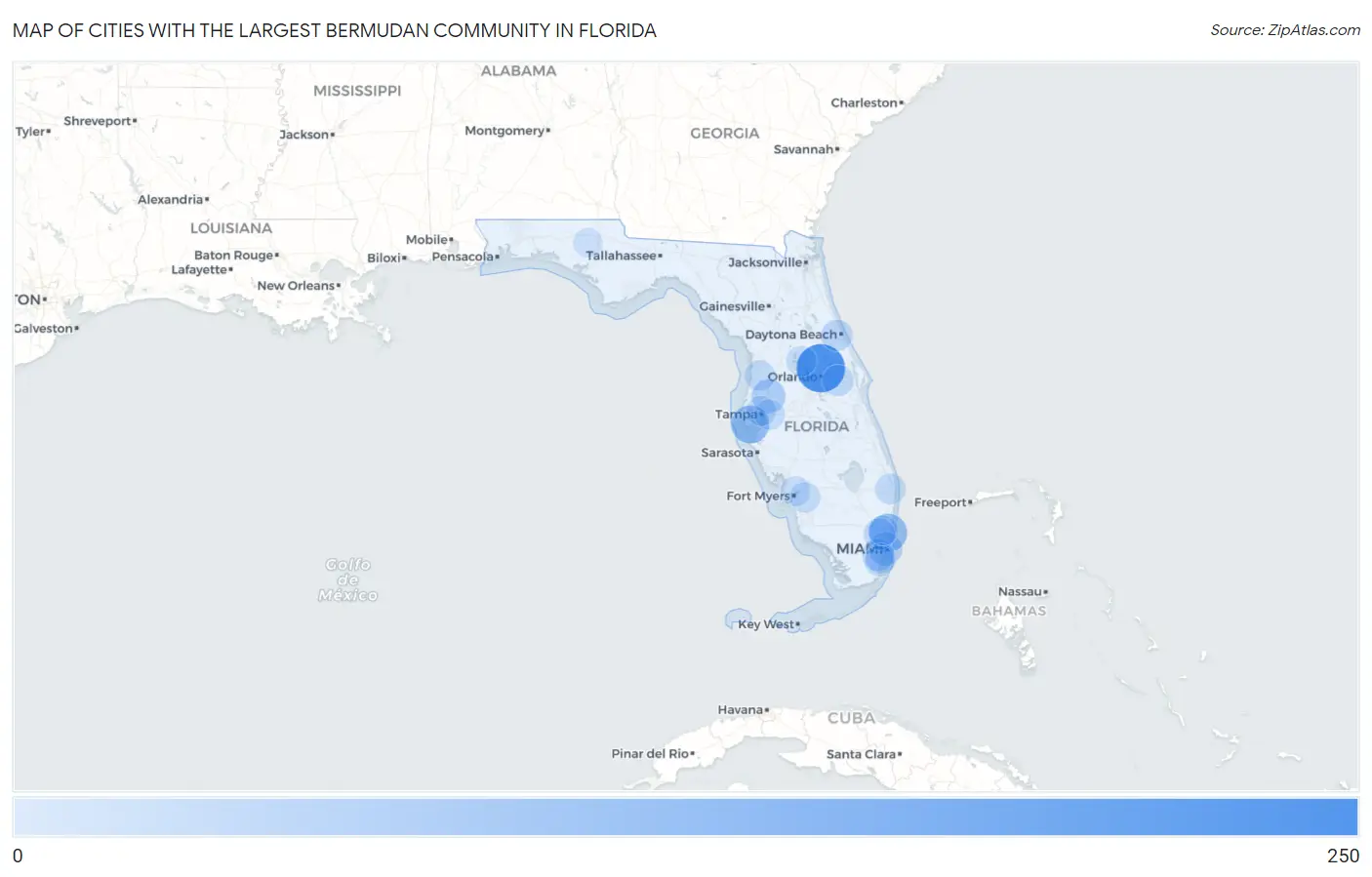 Cities with the Largest Bermudan Community in Florida Map