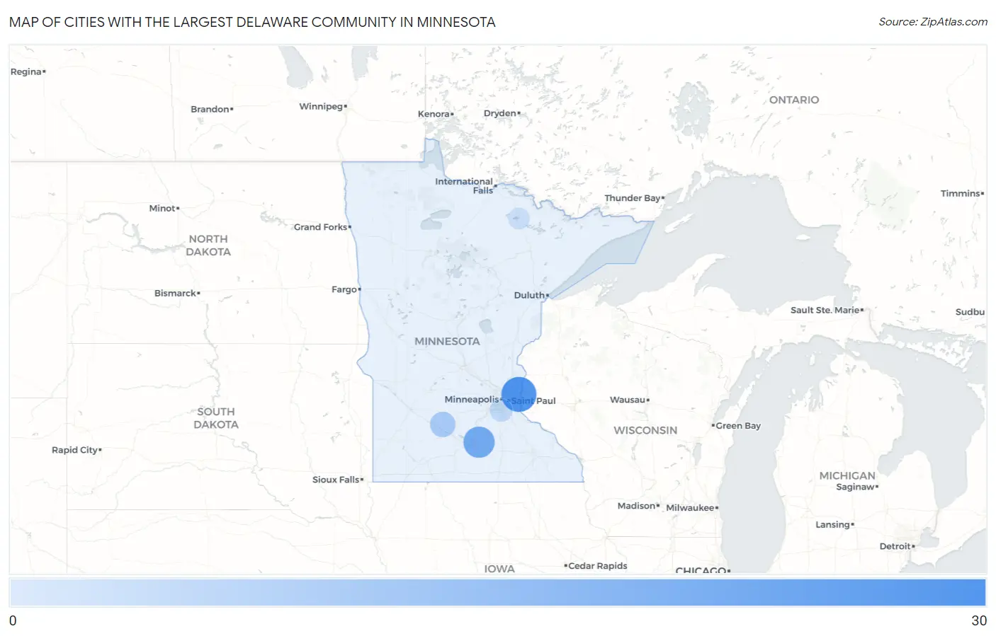 Cities with the Largest Delaware Community in Minnesota Map